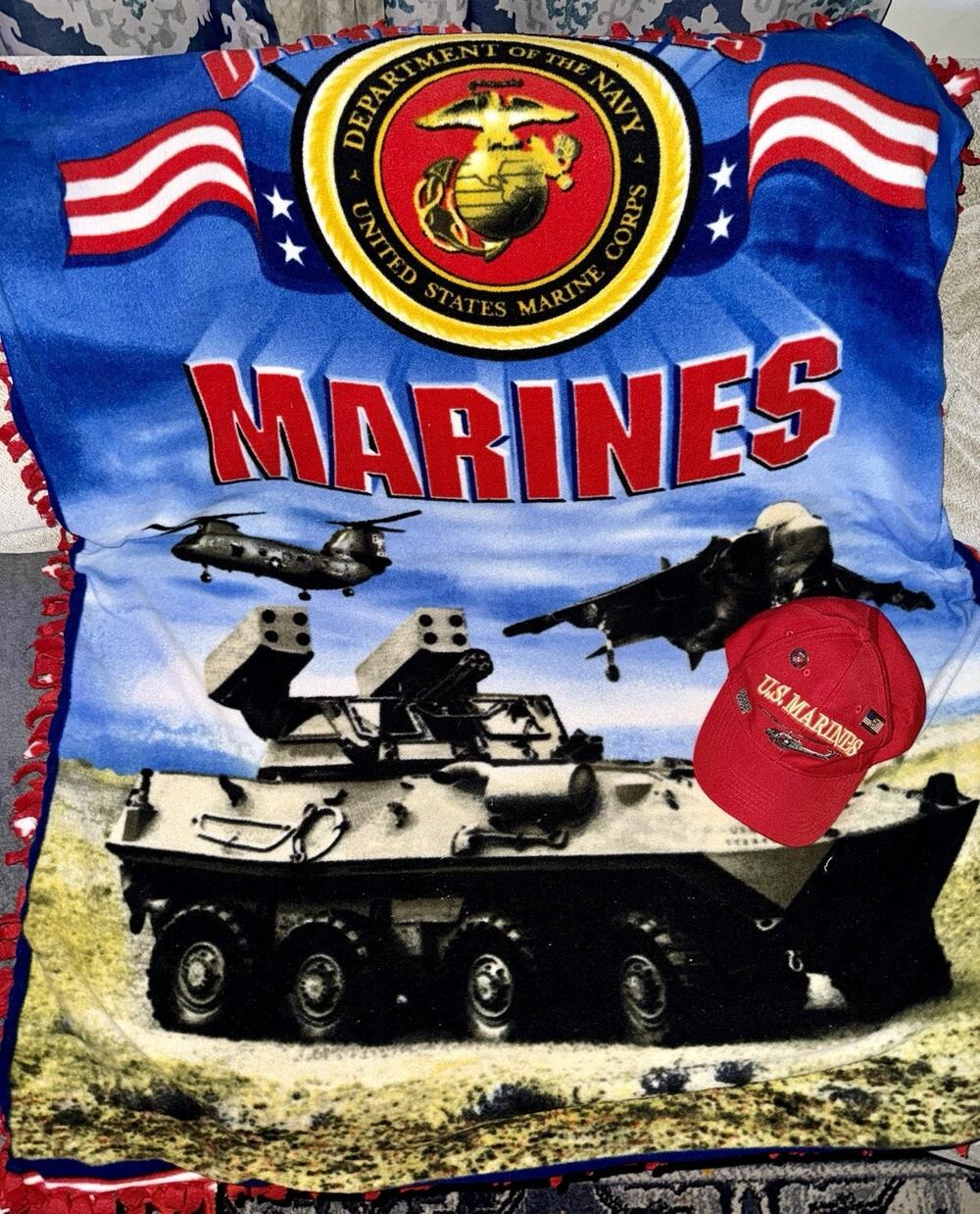 Handmade Marines Throw Cover & Authentic Marines Hat With Pins-Great Condition-